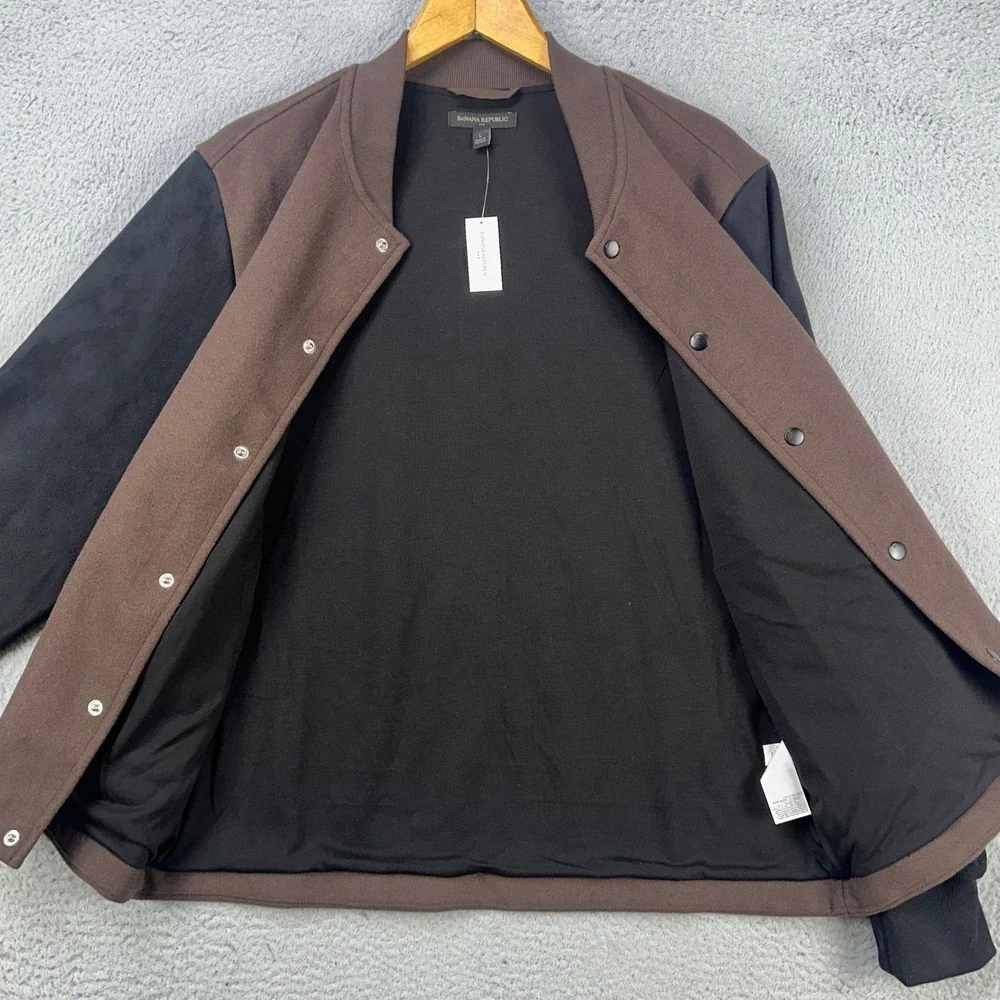 Banana Republic Mens Varsity Jacket Large Brown Black Colorblock Snap Button NEW